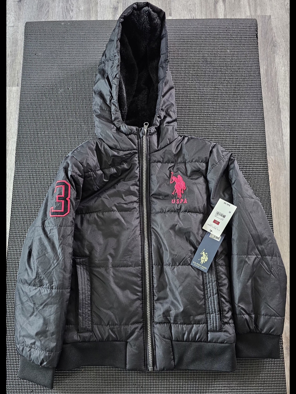 U.S. Polo Assn. Kids Hooded Puffer Jacket Black Pink NWT Size S 6/7